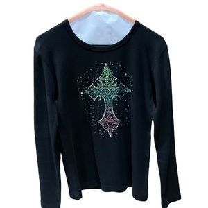 Bay Beauty Black Long Sleeve Top, Embellished Cross sz M (marked 2XL in error)
